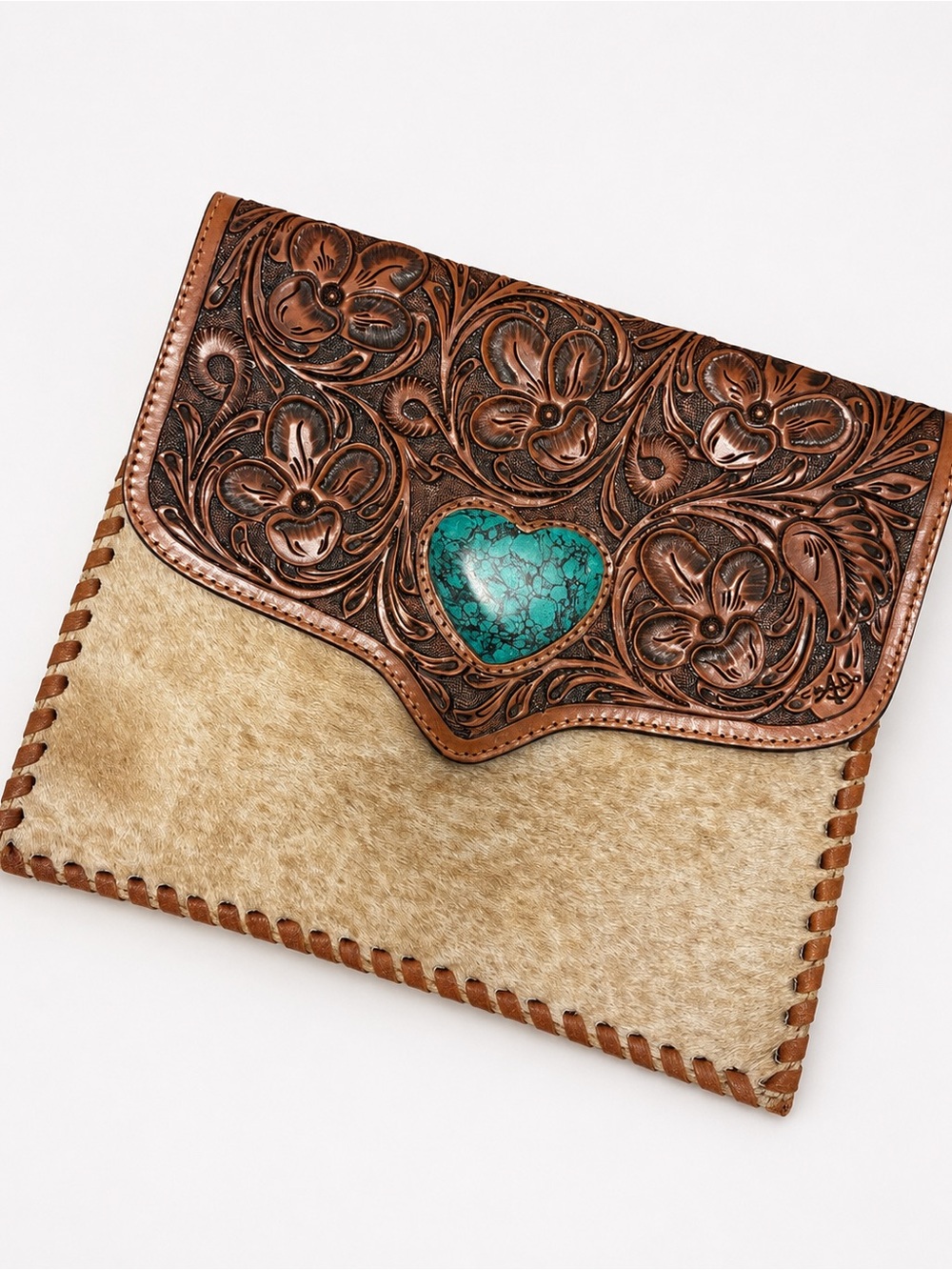 Turquoise Heart Tooled Leather & Hair-On Hide Clutch